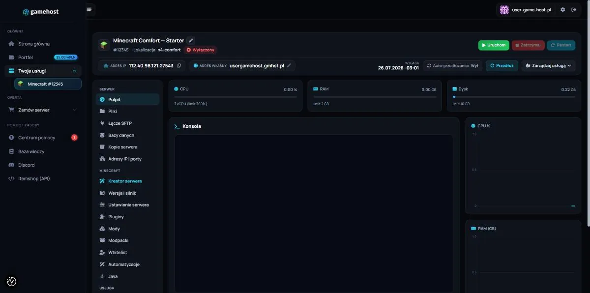 Gamehost panel: server dashboard